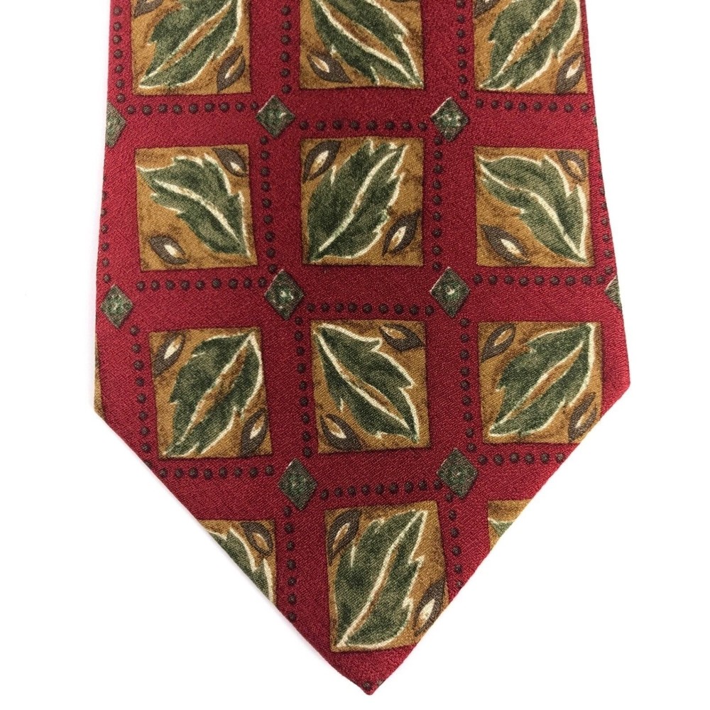 Purple Label CHAPS Ralph Lauren Red Green Leaves Nature Silk Men's Tie Necktie